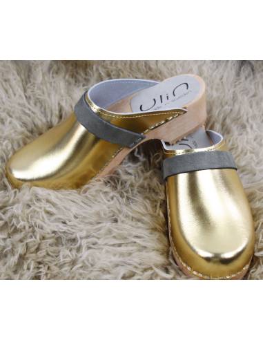 Sabots femme cuir métallisé doré bande nubuck kaki en bois 