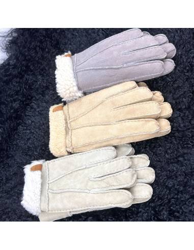 Gants en peau d'agneau retournée homme et femme gris et beige