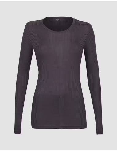camisa de punto de cuello de mujer en lana merino gris puro