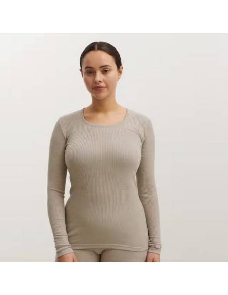 Maillot femme col rond pure laine mérinos côtelé sable