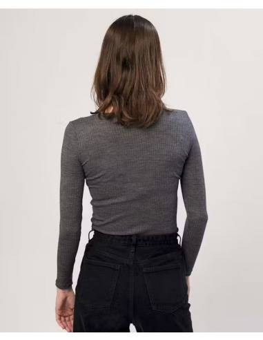 Maillot femme col rond pure laine mérinos côtelé gris