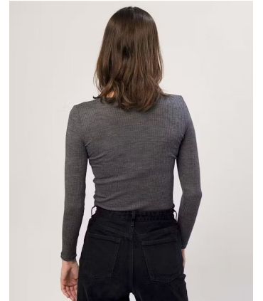 Maillot femme col rond pure laine mérinos côtelé gris