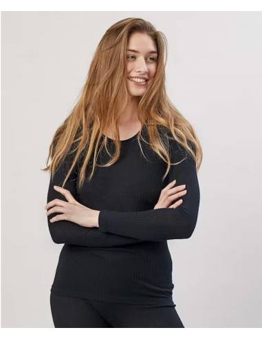 Maillot femme col rond pure laine mérinos côtelé noir