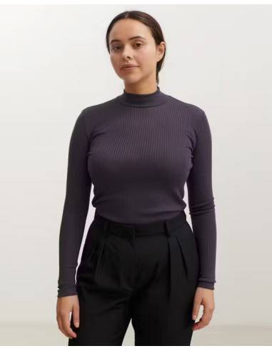 camisa de punto de cuello de mujer en lana merino gris puro