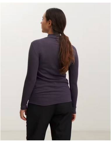 camisa de punto de cuello de mujer en lana merino gris puro