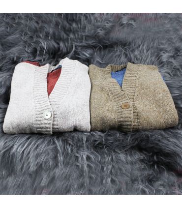 Nordic V-neck wool cardigan in two-tone cream, pink or blue and beige