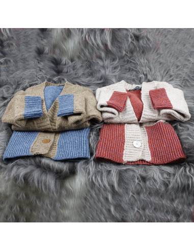 Nordic V-neck wool cardigan in two-tone cream, pink or blue and beige