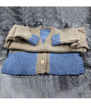 Nordic V-neck wool cardigan in two-tone cream, pink or blue and beige