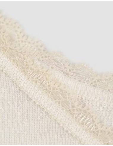 Caraco chaud femme laine mérinos et soie dentelle écru