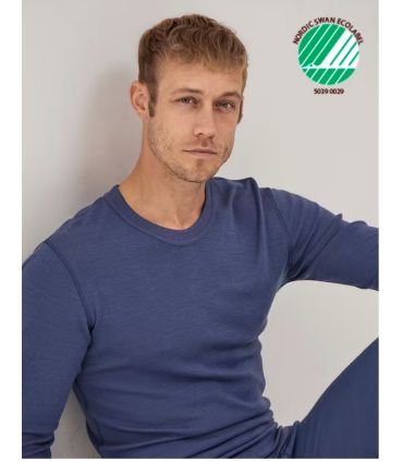 Maillot homme chaud col rond manches longues pure laine mérinos écru, gris ou bleu