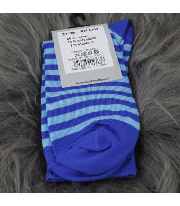 Chaussettes coton femme non comprimantes coton rayé turquoise et bleu