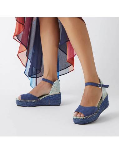 Espadrilles femme compensées en cuir bleu