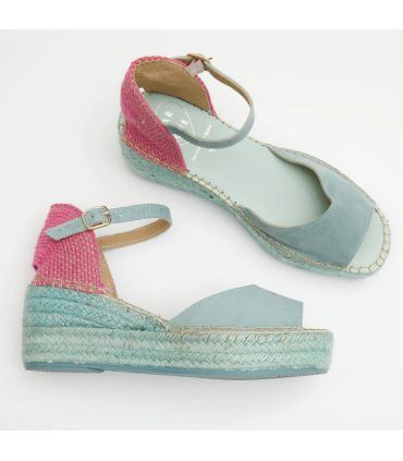 Sandales Espadrilles femme compensées en cuir bleu ciel et rose 