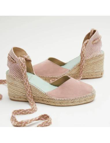 espadrilles compensées lacets brillant et paillettes rose et or