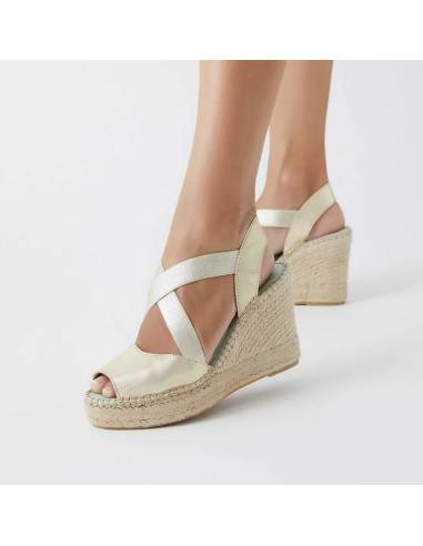 Sandales espadrilles elastique en cuir métalisé argent 