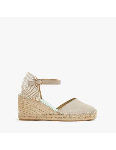 Wedge espadrilles with straps in red and beige suede