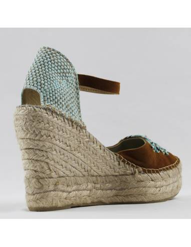 Espadrilles compensées beige avec bride cheville et lacet décoratif 
