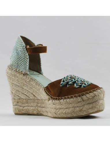 Espadrilles compensées beige avec bride cheville et lacet décoratif 