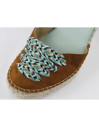 Espadrilles compensées beige avec bride cheville et lacet décoratif 