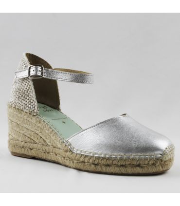 Silver leather espadrille wedges with strap