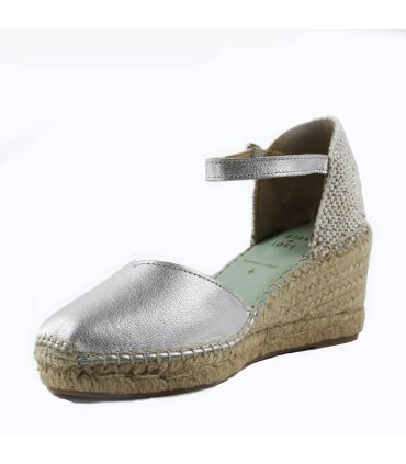 Silver leather espadrille wedges with strap