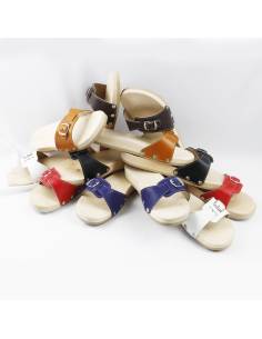 Men's and women's wooden sandals in wood and leather