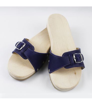 Men's and women's wooden sandals in wood and leather