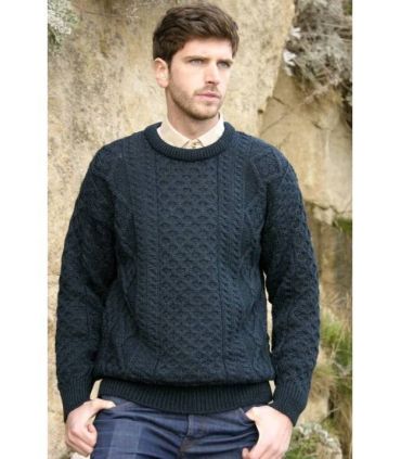 Pull irlandais pure laine mérinos chaud col rond et grosses mailles torsades