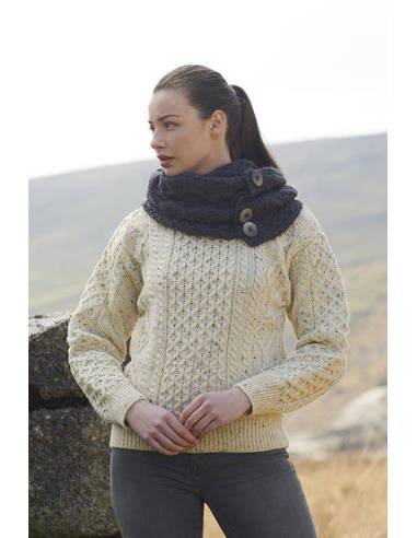 Pull irlandais pure laine mérinos chaud col rond et grosses mailles torsades