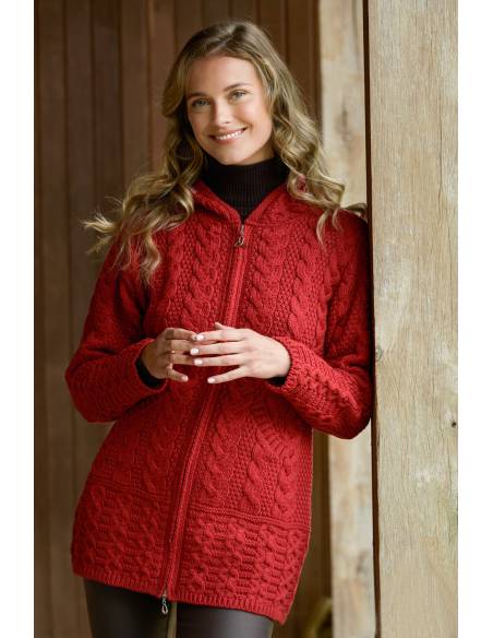 Gilet Femme rouge long à capuche en pure laine mérinos à double zip