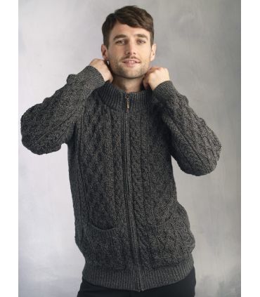 Herren Aran Wollpullover mit halbem Reißverschluss aus reiner Merinowolle