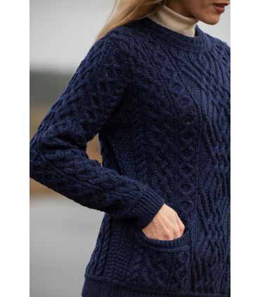 Pull femme hiver chaud en laine merinos bleu marine navy grosse maille irlandaises 