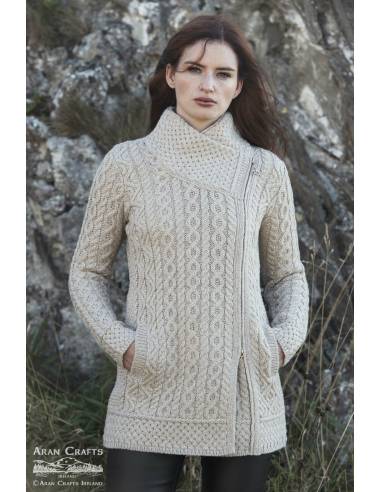 Manteau femme chaud en laine mérinos col et zip asymétrique