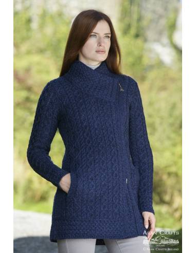 Manteau femme chaud en laine mérinos col et zip asymétrique