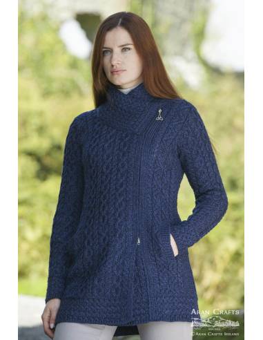 Manteau femme chaud en laine mérinos col et zip asymétrique