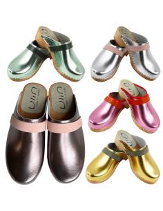 Sabots en bois femme et cuir métallisé bande nubuck ou cuir