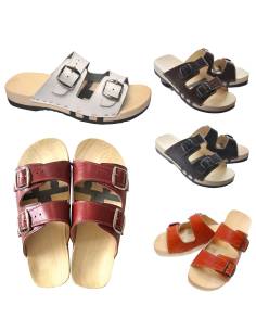 Wooden sandals FLEX leather double buckle