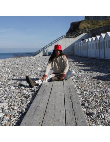 Nordic V-neck wool cardigan in two-tone cream, pink or blue and beige