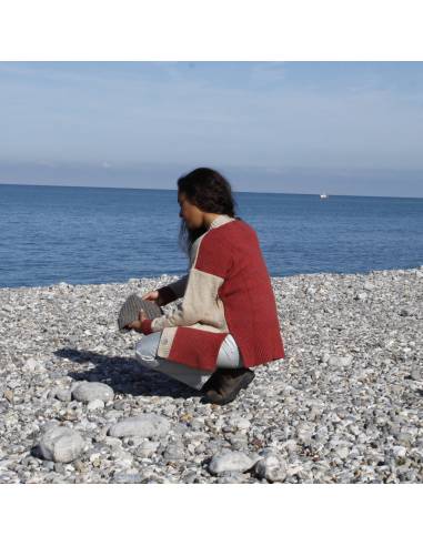 Nordic V-neck wool cardigan in two-tone cream, pink or blue and beige