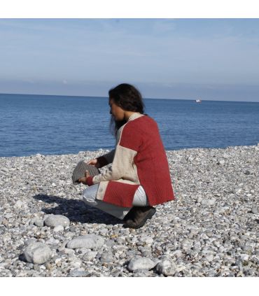 Nordic V-neck wool cardigan in two-tone cream, pink or blue and beige