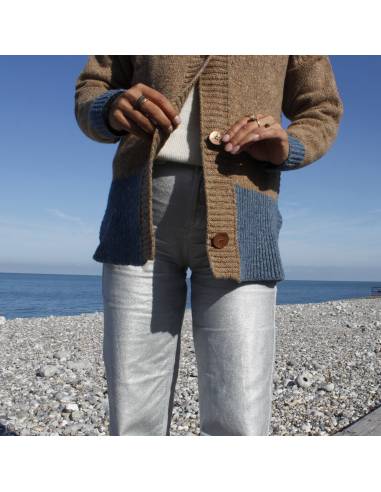 Nordic V-neck wool cardigan in two-tone cream, pink or blue and beige