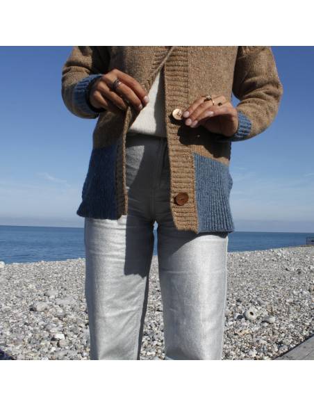 Nordic V-neck wool cardigan in two-tone cream, pink or blue and beige