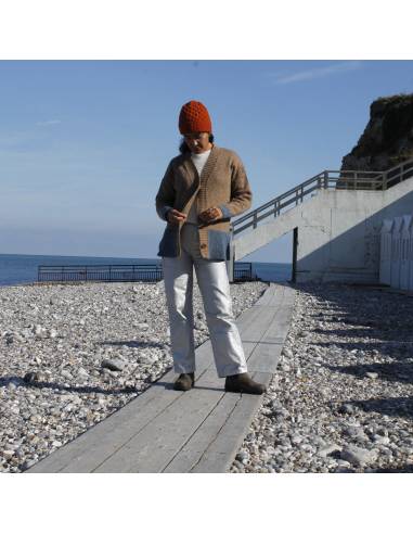 Cárdigan mujer nórdico de lana con cuello en V en dos tonos crema rosa o azul y beige