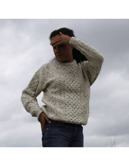 Cálido jersey irlandés de pura lana merino con cuello redondo de rombos mujer o hombre