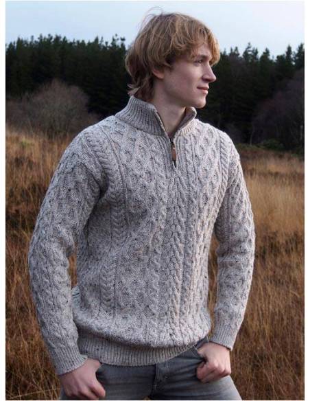 Pull camionneur Homme chaud en pure laine mérinos beige chiné