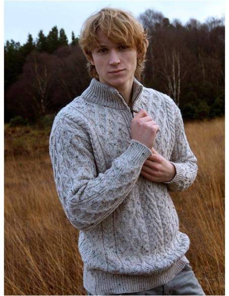 Men's Half Zip Aran Wool Sweater in pure merinowool