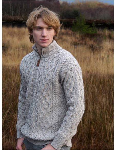 Men's Half Zip Aran Wool Sweater in pure merinowool