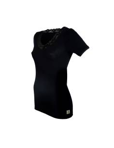 Tee shirt femme col V dentelle pure laine mérinos noir