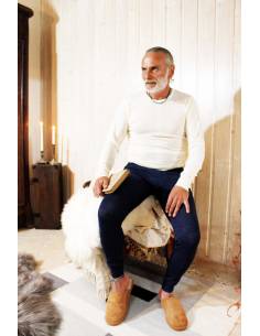T-shirt homme en laine et soie écru blanc manches longues