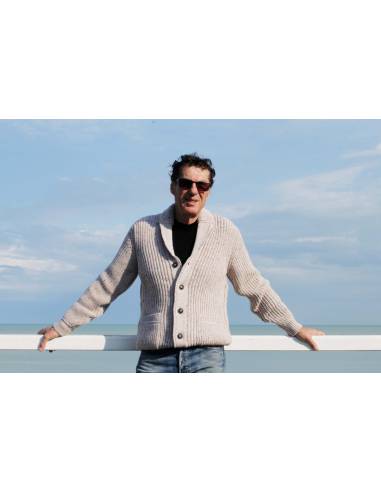 Chaqueta de punto acanalado con cuello chal y bolsillos de pura lana merina para hombre